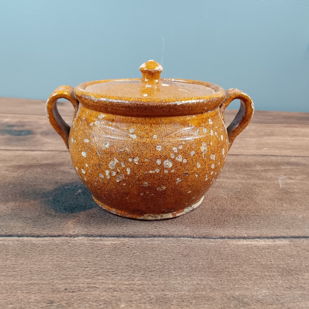 Vintage Ceramic Sugar Bowl Pot with Lid and Handles Rustic Kitchen Decor